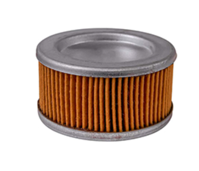 Filter with orange pleated material and metallic top and bottom on a white background