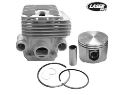 Engine cylinder head with piston, rings, and other components on a white background with 'Laser Pro' branding.