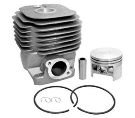 Engine cylinder head, piston, and gaskets on a white background