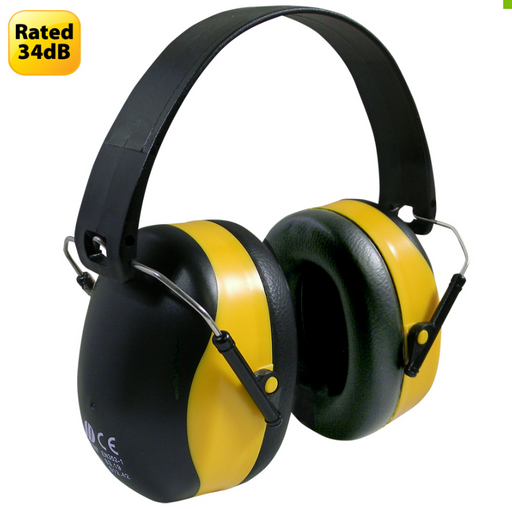 Black and yellow ear protectors with a 'Rated 34dB' label on a white background