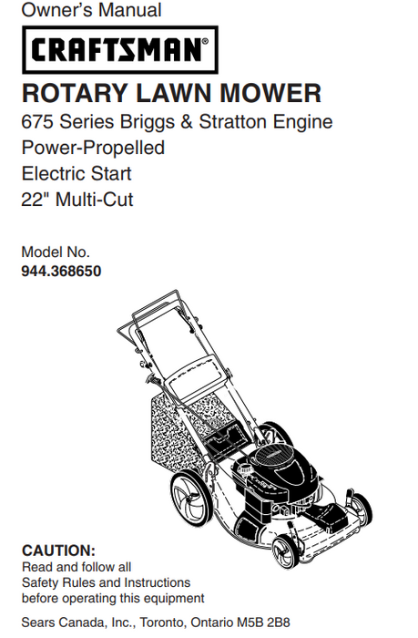 944.368650 Owner's Manual for Craftsman 22" Self Propelled Lawn Mower   | DRMower.ca