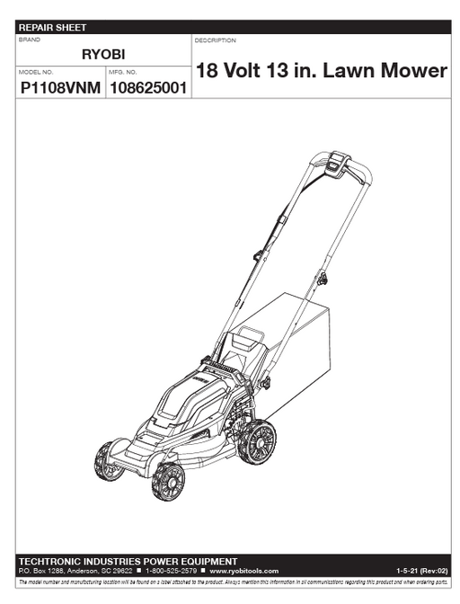 P1108VNM Ryobi 18 Volt Lawn Mower Parts List | DRMower.ca