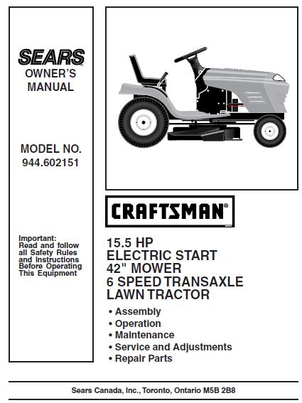 944.602151 Manual for Craftsman 15.5 HP 42" Lawn Tractor